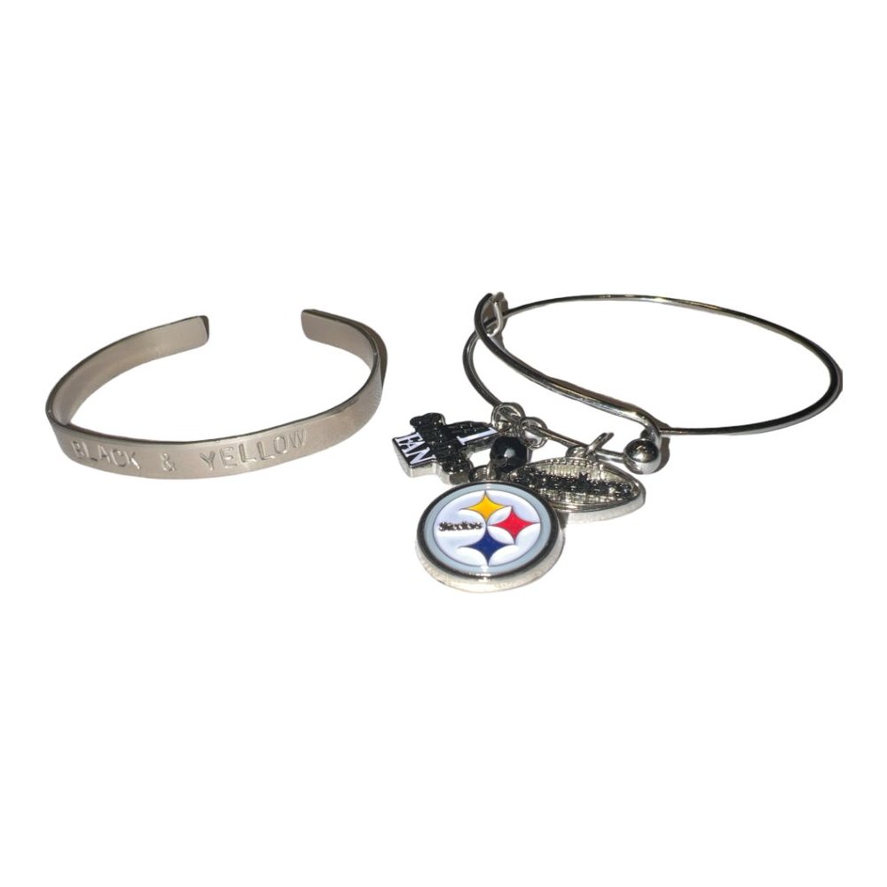 Two NFL Pittsburgh Steelers Bracelets: Hand Crafted Stamp Cuff and Bangle